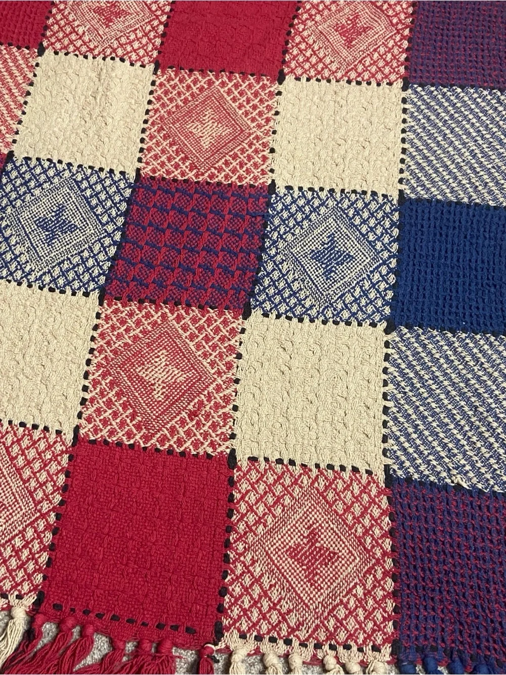 Vintage Woven Throw Blanket in Red, Navy & Cream, approx. 43” x 60”, cottage